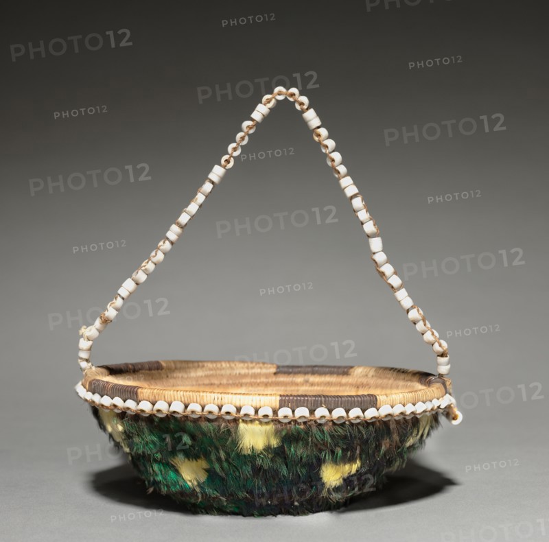 Gift Basket, c. 1895. California, Pomo, late 19th- early 20th century. Bulrush, Sedge with Mallard and Meadowlak Feathers, and clam shells; Coiled (3 rods); diameter: 12.1 x 4.5 cm (4 3/4 x 1 3/4 in.).