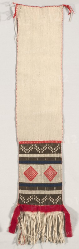 "Hopi Brocade" Style Dance Sash, c. 1874-1885. America, Native North American, Southwest, Pueblo (Hopi), Post-Contact, Late Classic Period. Plain weave with supplementary weft wrap; wool (handspun, Germantown, and bayeta); overall: 125 x 51.5 cm (49 3/16 x 20 1/4 in.).