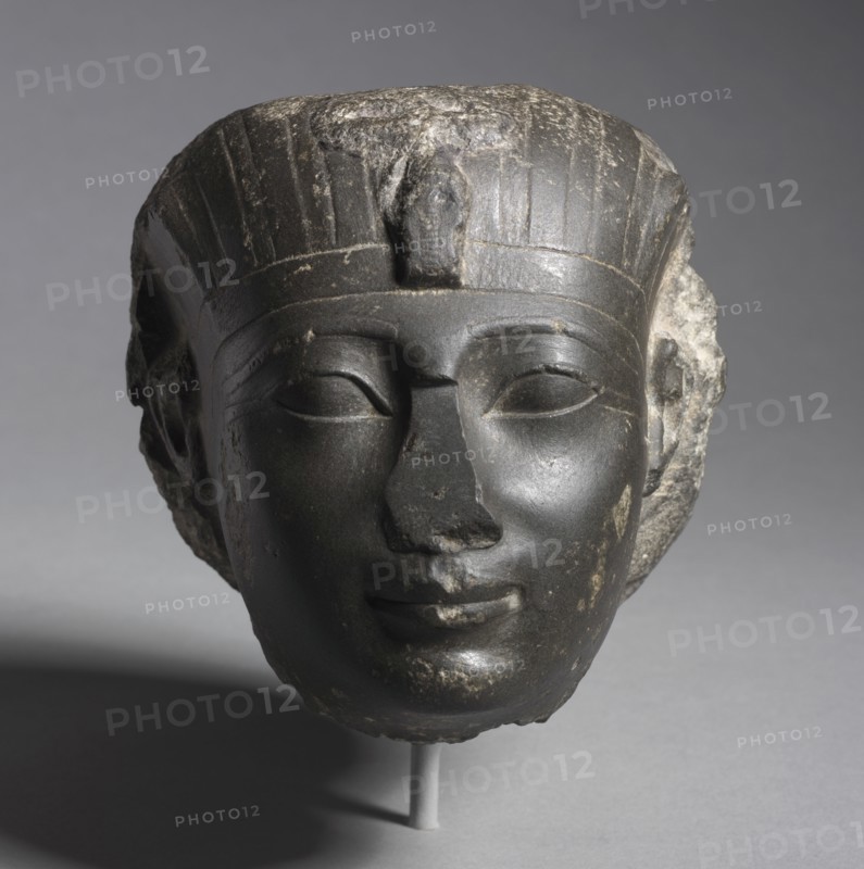 Head of Queen Hatshepsut (?), c. 1479-1457 BC. Egypt, New Kingdom, Dynasty 18, reign of Hatshepsut, 1479-1457 BC. Graywacke; overall: 16.2 x 14.9 x 17.8 cm (6 3/8 x 5 7/8 x 7 in.).