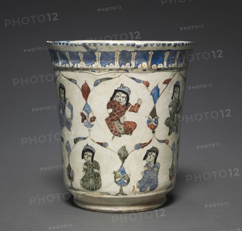 Minai Beaker with Seated Princes, 1180-1220. Iran, Kashan, Seljuk Period. Fritware with overglaze-painted design (minai ware); overall: 13.3 x 12.3 cm (5 1/4 x 4 13/16 in.).