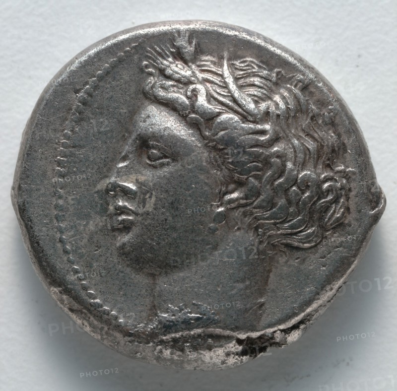 Tetradrachm: Persephone (obverse), 380 BC. Sicily, Greece, 4th century BC. Silver; diameter: 2.5 cm (1 in.).