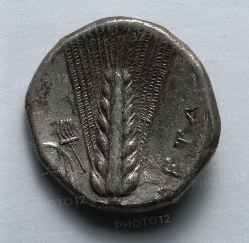 Stater: Corn, Rake, and Leaf (reverse), 330-300 BC. Greece, 4th century BC. Silver; diameter: 2 cm (13/16 in.).
