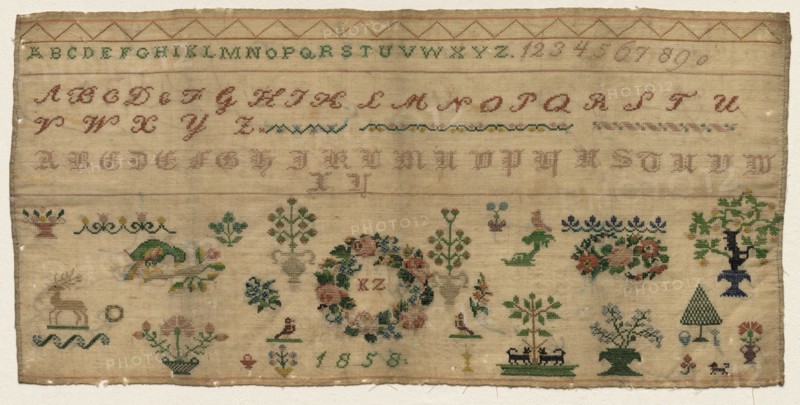 Sampler, 1858. Celia Kestenbaum Grossman (Austrian). Embroidery: linen; overall: 31.8 x 65.4 cm (12 1/2 x 25 3/4 in.).