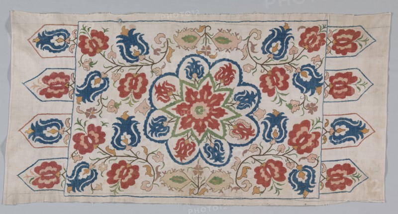 Embroidered cushion cover, 1700s. Turkey. Plain weave: linen; embroidery, self-couching and herringbone stitches: silk; average: 127 x 59.7 cm (50 x 23 1/2 in.)