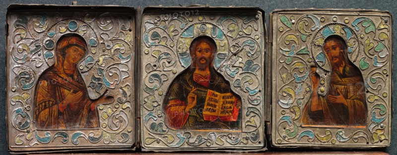 Triptych with Christ, the Virgin, and St. John the Evangelist, 1800s. Russia, 19th century. Pigment on wood, in cloisonné enamelled insert; overall: 7.9 x 21.9 x 2 cm (3 1/8 x 8 5/8 x 13/16 in.)