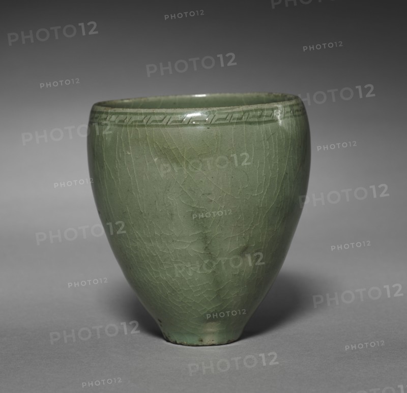 Cup with Incised Thunder Design, 1100s-1200s. Korea, Goryeo period (918-1392). Celadon; diameter of mouth: 8.6 cm (3 3/8 in.); overall: 9.9 cm (3 7/8 in.).