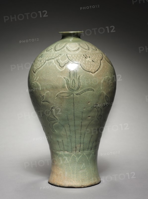 Vase with Inlaid Lotus and Reed Design, 918-1392. Korea, Goryeo period (918-1392). Celadon ware with inlaid white and black slip decoration; overall: 33 cm (13 in.).