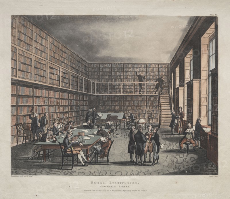Royal Institution, Albemarle Street, 1809. Thomas Rowlandson (British, 1756-1827), and Augustus Charles Pugin (British, 1762-1832). Etching