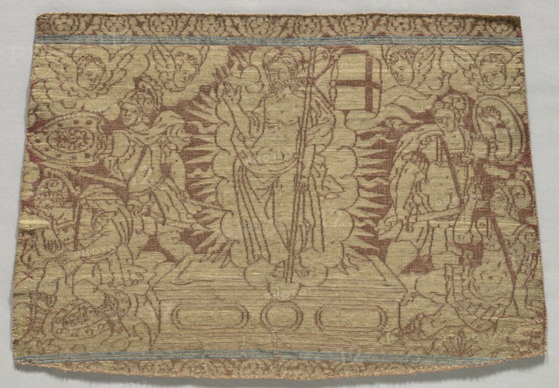 Fragment of Band Showing Resurrection, 1500s. Italy, Florence, 16th century. Lampas weave, silk and gold thread; overall: 33 x 24.2 cm (13 x 9 1/2 in.).