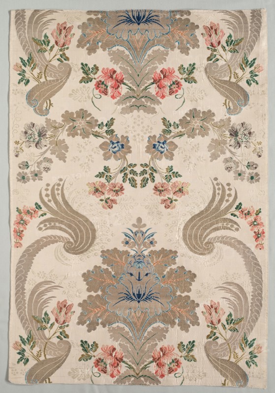 Taffeta, Brocaded, 1700-1750. France, first half 18th century, late Baroque. Taffeta, brocaded; silk, silver, and gold thread; overall: 52.1 x 81.2 cm (20 1/2 x 31 15/16 in.)