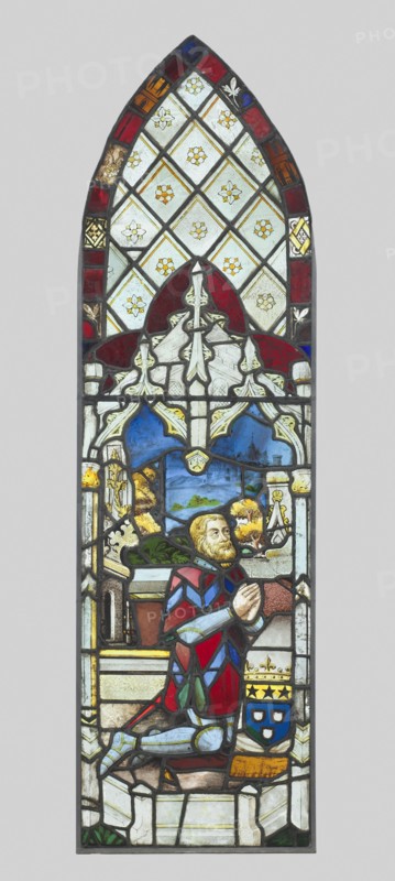 Stained Glass Panel Pair with Male Donor and Female Donor, c. 1480. France, 15th century. Pot metal, white glass with silver stain; overall: 156 x 43.5 x 1.5 cm (61 7/16 x 17 1/8 x 9/16 in.)