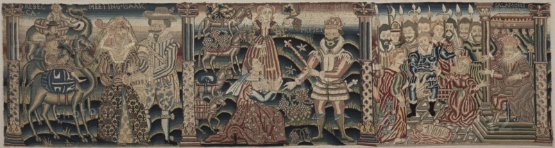Section of an Embroidered Frieze: Rebecca Meeting Isaac, Abigail Meeting David with a Present, The Judgment of Solomon, 1625-1649. England, Period of Charles I (1625-1649), 17th century. Petit-point embroidery; wool and silk; overall: 43.2 x 164.8 cm (17 x 64 7/8 in.)