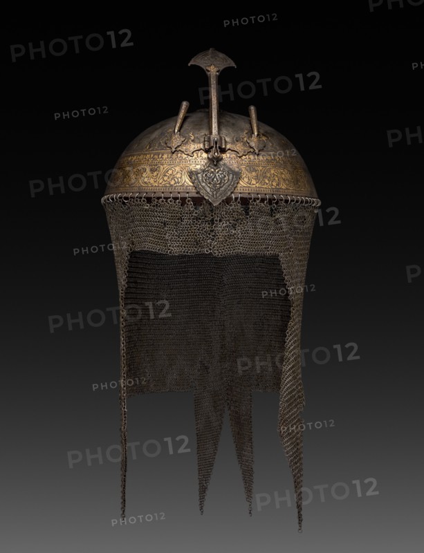 Helmet, 1600s. North India, 17th century. Steel with gold and brass; overall: 9.6 cm (3 3/4 in.); diameter: 20.7 cm (8 1/8 in.).