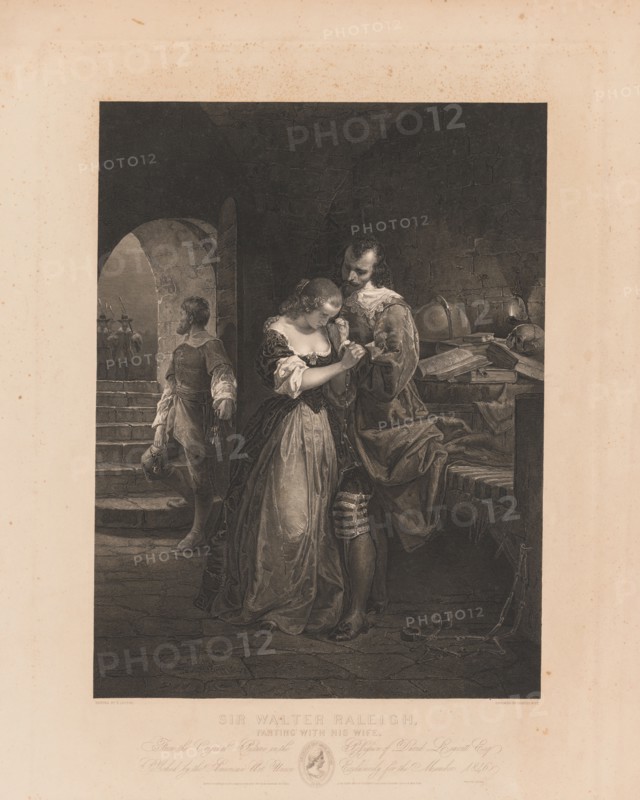 Sir Walter Raleigh Painting with his Wife. Charles Kennedy Burt (American, 1823-1892). Engraving