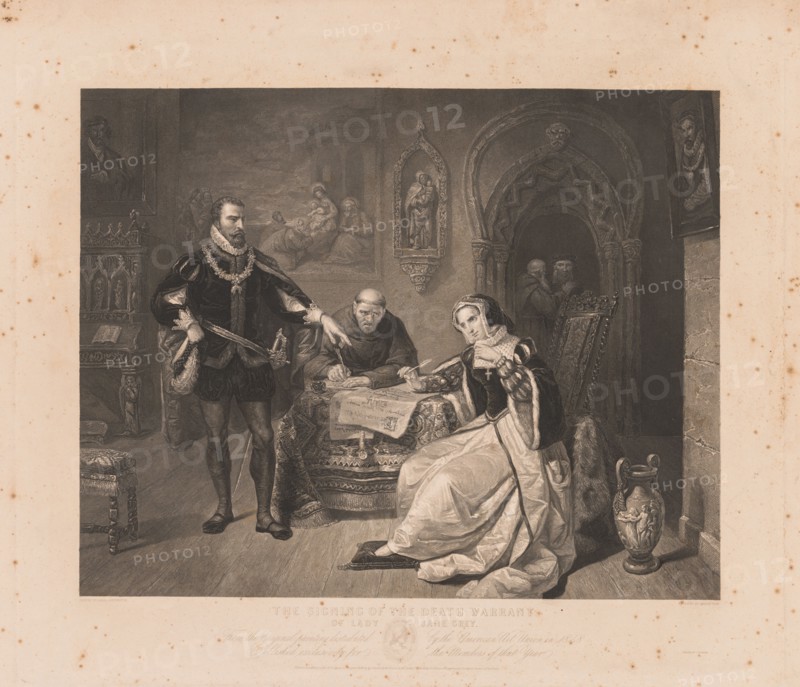 Signing of the Death Warrant of Lady Jane Grey. Charles Kennedy Burt (American, 1823-1892). Engraving