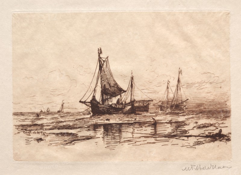Fishing Boats on the Beach at Scheveningen. Maurits Frederik Hendrik De Haas (American, 1832-1895). Etching