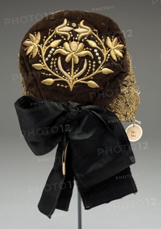 Embroidered Headdress, 1700s. Germany, Schleswig, 18th century. Embroidery, velvet ground embroidered with gold and silver thread; edged with gold lace; overall: 39.4 x 28.6 cm (15 1/2 x 11 1/4 in.)