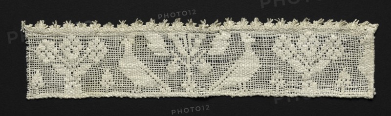 Fragment of a Band with Birds and Trees, 16th century. Italy, Sicily, 16th century. Needle lace, burato (twined ground and darned in one direction); bleached linen (est.); overall: 5.4 x 23.5 cm (2 1/8 x 9 1/4 in.)