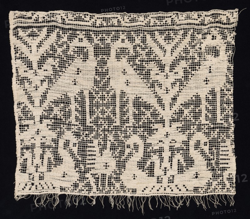 Fragment of a Border with Standing and Seated Birds Amidst Vegetation, 16th century. Italy, 16th century. Needle lace, burato (twined ground and darned in one direction); bleached linen (est.); overall: 40.1 x 46.4 cm (15 13/16 x 18 1/4 in.)