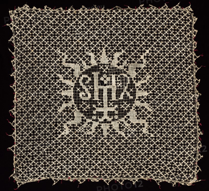 Chalice Veil with Monogram of Christ, 1500s. Italy, 16th century. Needle lace, mezza mandolina; bleached linen (est.) with red silk thread (est.); overall: 52.1 x 53.3 cm (20 1/2 x 21 in.)