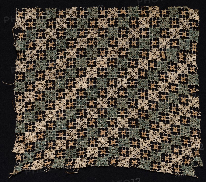 Fragment with Repeated Square Pattern, 1500s-1600s. Italy, 16th-17th century. Needle lace; filet/lacis (knotted ground and darned in two directions); bleached, dyed, and unbleached linen (est.); overall: 27 x 30.3 cm (10 5/8 x 11 15/16 in.)