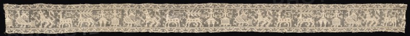 Band with Parade of Human Figures, Stags, and Other Fantastic Animals, 16th-17th century. Italy, Sicily ?, 16th-17th century. Needle lace, burato (twined ground and darned in one direction); bleached linen (est.); overall: 16.2 x 210.1 cm (6 3/8 x 82 11/16 in.)