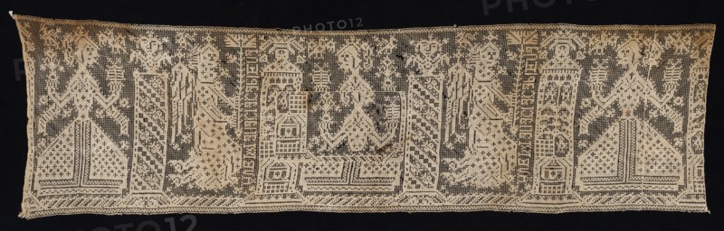 Band with Figures of Women and Angels, 16th-17th century. Italy, 16th-17th century. Needle lace, filet/lacis (knotted ground and darned in two directions); bleached linen (est.); overall: 42.6 x 144.3 cm (16 3/4 x 56 13/16 in.)