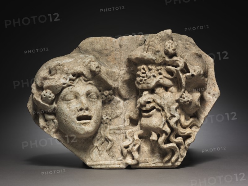 Two Masks, 200s. Italy, Roman, 3rd century. Marble; overall: 27.4 x 38.8 cm (10 13/16 x 15 1/4 in.).