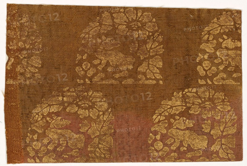 Textile Fragment, 1800s. Japan, 19th century. Silk damask weave and gold stencil; average: 8.3 x 12.4 cm (3 1/4 x 4 7/8 in.)