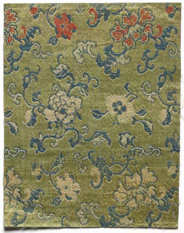 Fragment, 1800s. China, 19th century. Satin ground; silk diasper weave; overall: 15.9 x 12.7 cm (6 1/4 x 5 in.)