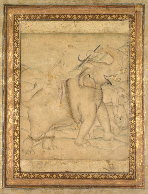 Portrait of Emperor Jahangir Riding an Elephant, first half of the 18th century. India, Mughal Dynasty (1526-1756). Drawing; image: 23.3 x 16 cm (9 3/16 x 6 5/16 in.); overall: 34.9 x 27.9 cm (13 3/4 x 11 in.).