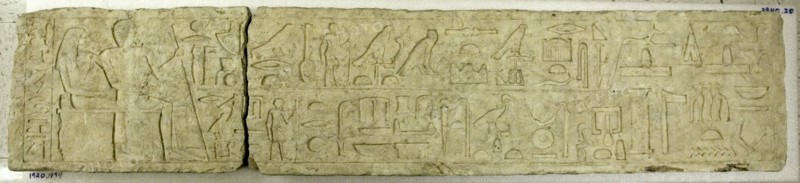 Lintel of Mereruka, c. 2350-2311 BC. Egypt, Giza, western cemetery, excavations of Montague Ballard, 1901-1902, Old Kingdom, Late Dynasty 5, 2454-2311 BC. Limestone; overall: 30.8 cm (12 1/8 in.).