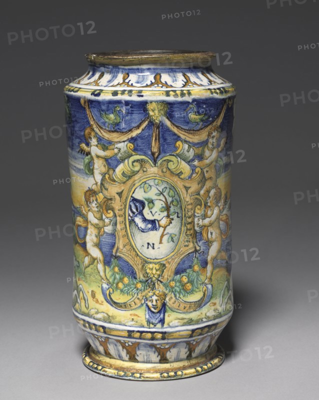 Storage Jar, c. 1510. Workshop of Domenico da Venezia (Italian). Tin-glazed earthenware (maiolica); overall: 28.9 x 16.5 cm (11 3/8 x 6 1/2 in.).