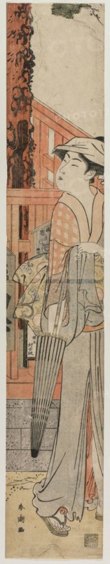 Young Woman Standing Beside a Pine Tree Within the Precincts of a Temple, c. late 1780s. Katsukawa Shuncho (Japanese). Color woodblock print; sheet: 61 x 11.2 cm (24 x 4 7/16 in.).