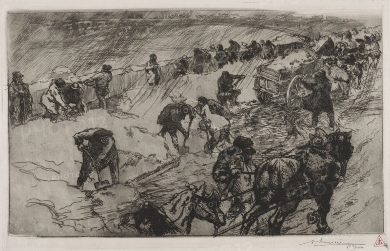 Combat contre la Neige, Quai aux Fleurs, 1890. Auguste Louis Lepère (French, 1849-1918). Etching