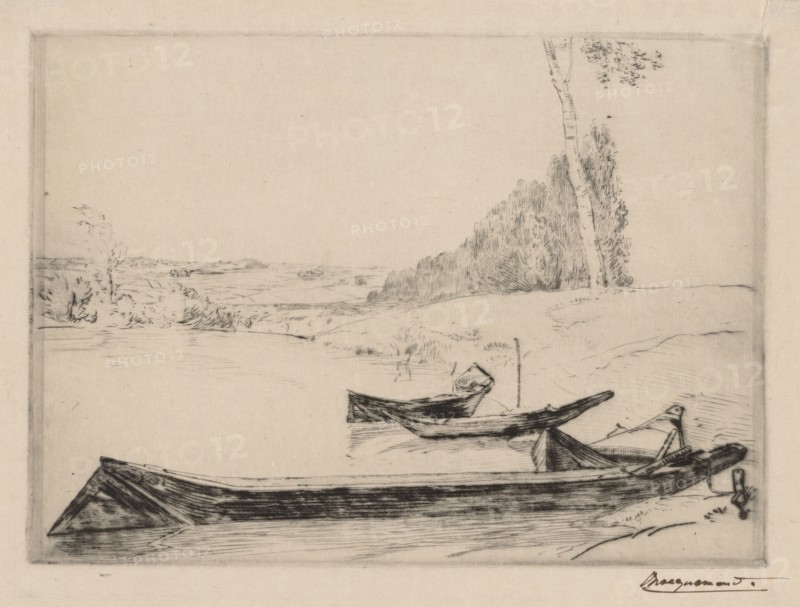 Small ferry-boats on the banks oft he Seine, c. 1858. Félix Bracquemond (French, 1833-1914). Drypoint; sheet: 31.1 x 38.8 cm (12 1/4 x 15 1/4 in.); platemark: 25.5 x 35.1 cm (10 1/16 x 13 13/16 in.)