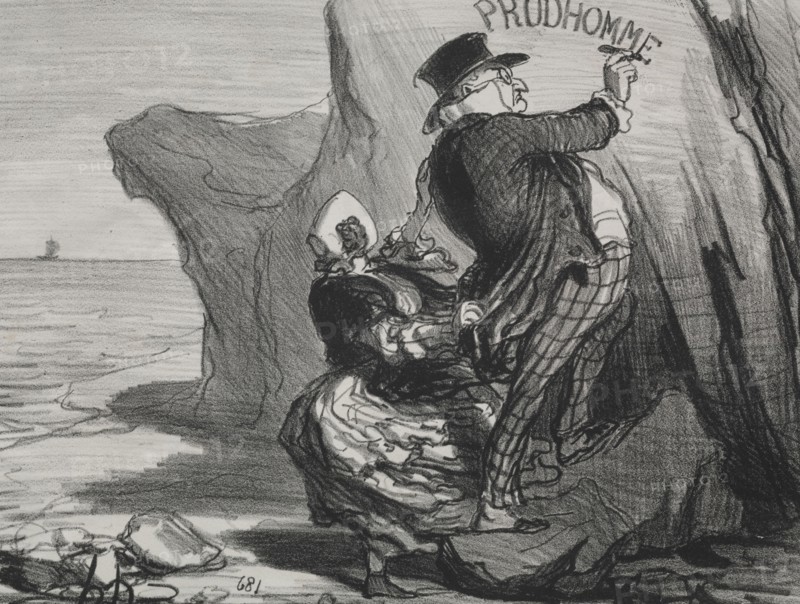 Published in le Charivari (13 October 1854): The Good Bourgeois (plate 3): I want to leave an imperishable monument of our visit to this cliff..., 1854. Honoré Daumier (French, 1808-1879). Lithograph; sheet: 25.7 x 35 cm (10 1/8 x 13 3/4 in.); image: 20.2 x 26.6 cm (7 15/16 x 10 1/2 in.)
