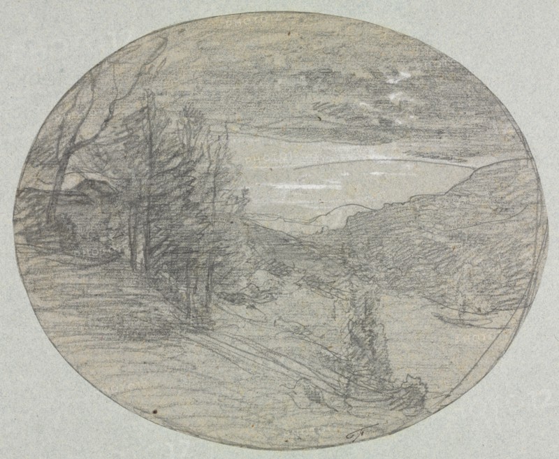Landscape, 1800s. François-Auguste Ravier (French, 1814-1895). Black chalk and graphite with white chalk and traces of pen and black ink; framing lines in graphite; sheet: 25.8 x 31.4 cm (10 3/16 x 12 3/8 in.); secondary support: 31.5 x 43.5 cm (12 3/8 x 17 1/8 in.).