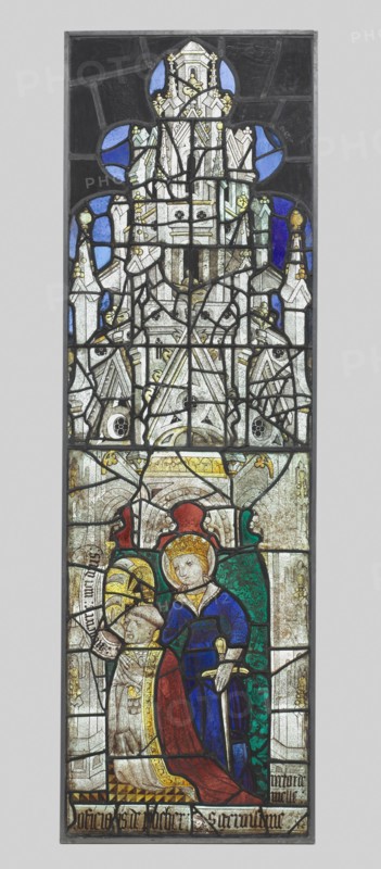Saint Catherine with a Kneeling Male Donor, 1400s. France, Poitou, Melle, 15th century. Pot metal, white glass with silver stain; overall: 158.7 x 49.2 cm (62 1/2 x 19 3/8 in.)