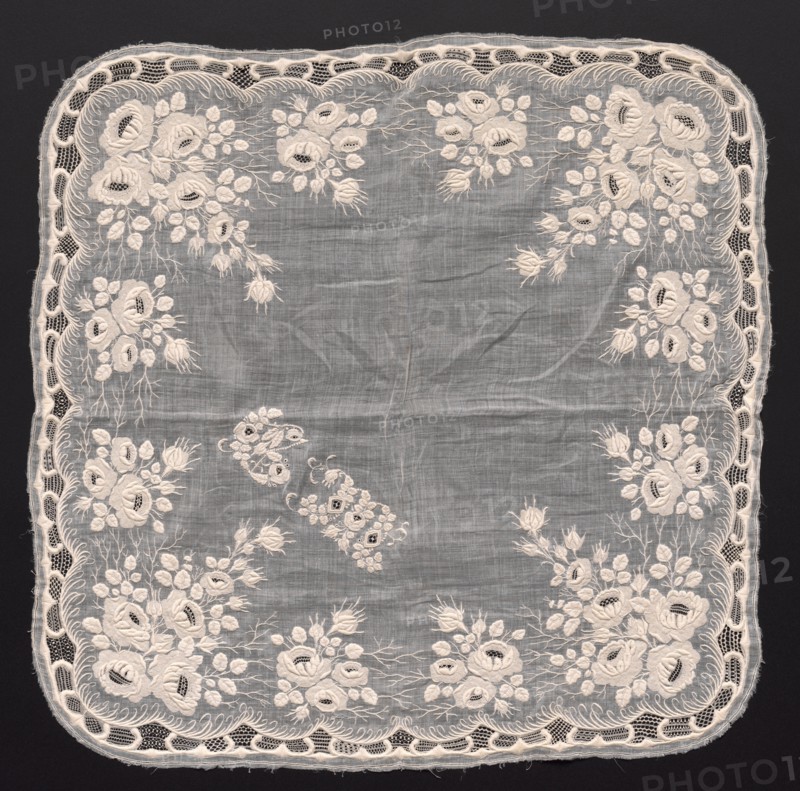 Handkerchief, 1800s. France, 19th century. Embroidered linen; overall: 47 x 47 cm (18 1/2 x 18 1/2 in.).