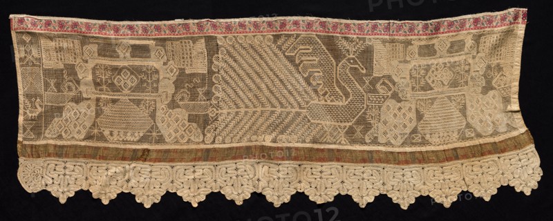Border with Peacock Motif, 18th-19th century. Russia, 18th-19th century. Needle lace, burato (twined ground and darned in two directions), embroidered top band, ribbon insertion, and bobbin lace edging; unbleached and dyed linen (est.) and silk (est.); overall: 52.1 x 145.4 cm (20 1/2 x 57 1/4 in.)