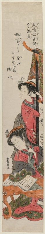 Uncho, the Wife of the Official Mei Ch'ing, Reading at a Table, c. mid 1770s. Isoda Koryusai (Japanese). Color woodblock print; sheet: 72.4 x 12.8 cm (28 1/2 x 5 1/16 in.).