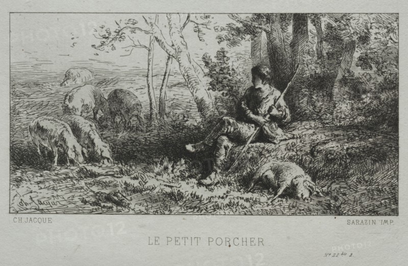 The Little Swineherd. Charles-Émile Jacque (French, 1813-1894). Etching