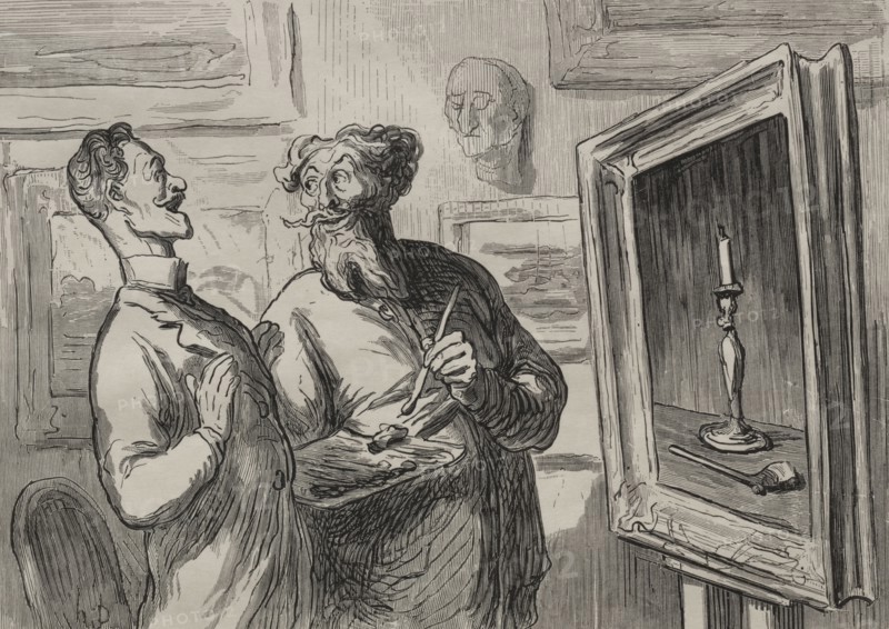 The Painters:  A Realist Always Finds Another Realist to Admire Him. Honoré Daumier (French, 1808-1879). Wood engraving