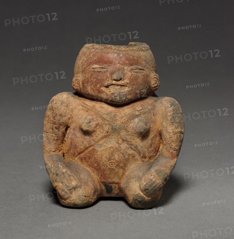 Figure, before 1550. Colombia. Red ware with incised patterns; overall: 10.1 x 9.4 x 8.6 cm (4 x 3 11/16 x 3 3/8 in.).