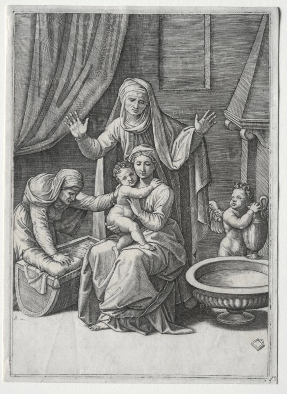 The Virgin and  the Cradle with Saint Elisabeth and Saint Anne, 1520. Marcantonio Raimondi (Italian, 1470/82-1527/34). Engraving