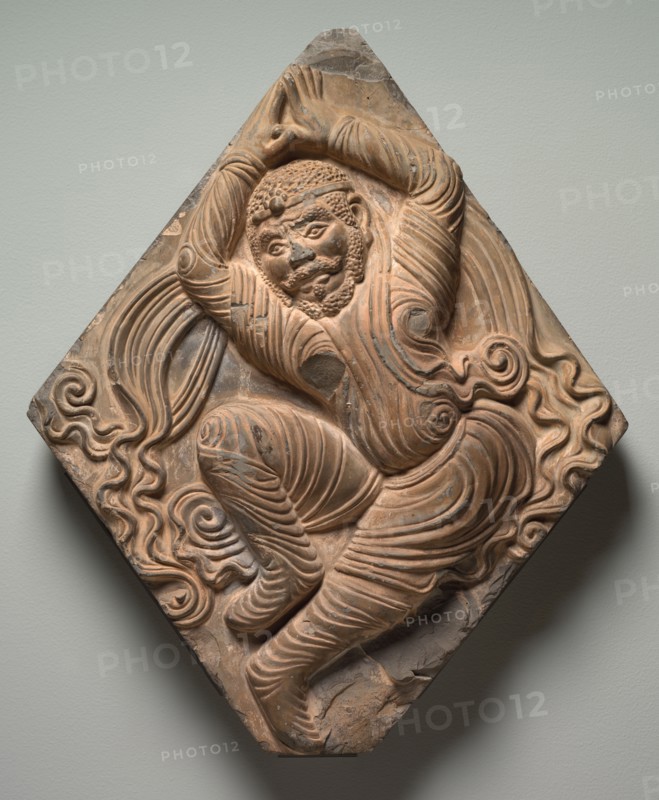 Architectural Brick with Dancer in Relief, before 870. China, Henan province, Anyang, Xiudingsi pagoda, Tang dynasty (618-907). Molded terracotta with slip coating; overall: 58 x 48.5 cm (22 13/16 x 19 1/8 in.).