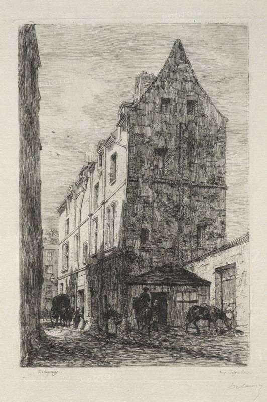 Maison dite de la Reine Blanche, Rue de Marmousets. Alfred Alexandre Delauney (French, 1830-1894). Etching