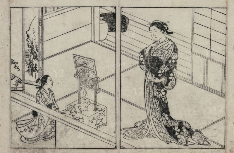 Woman and Child Beside a Mirror Stand, c. 1740s. Nishikawa Sukenobu (Japanese, 1671-1754). Color woodblock print; sheet: 25.6 x 37.4 cm (10 1/16 x 14 3/4 in.).