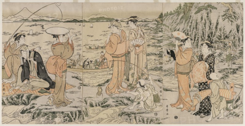 Fishing on the Chopping Board Rock at Enoshima, early 1790s. Kitagawa Utamaro (Japanese, 1753?-1806). Color woodblock print; sheet: 37.8 x 25.2 cm (14 7/8 x 9 15/16 in.); overall: 37.8 x 25.2 cm (14 7/8 x 9 15/16 in.).